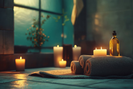 Serene spa room with dim lighting and aromatic candles.の写真素材