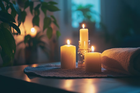Serene spa room with dim lighting and aromatic candles.の写真素材