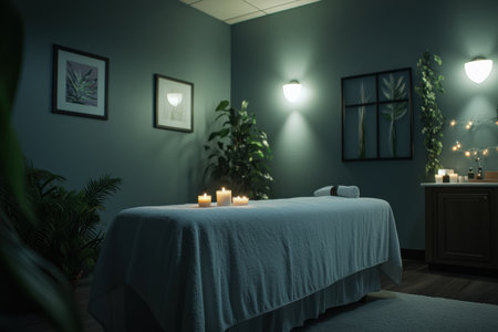 Serene spa room with dim lighting and aromatic candles.の写真素材