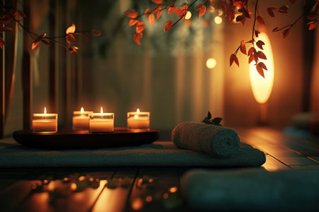Serene spa room with dim lighting and aromatic candles.の写真素材