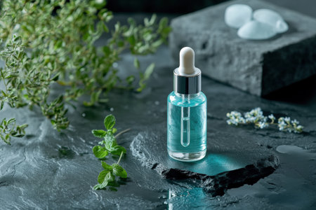 Serum dropper bottle with fresh herbs and spa decor.の写真素材