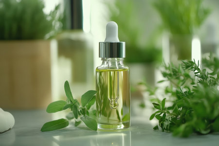 Serum dropper bottle with fresh herbs and spa decor.の写真素材