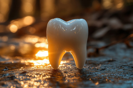 A sparkling white tooth under a spotlight. Free copy space.の写真素材