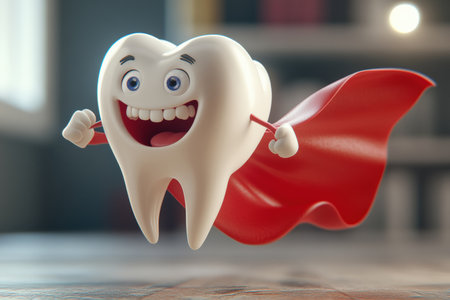 Tooth superhero flying. A colorful jaw model showcasing various types of teeth.の写真素材