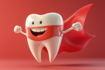 Tooth superhero flying. A colorful jaw model showcasing various types of teeth.の写真素材