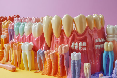 A colorful jaw model showcasing various types of teeth.