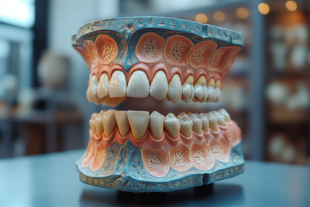 A colorful jaw model showcasing various types of teeth.の写真素材