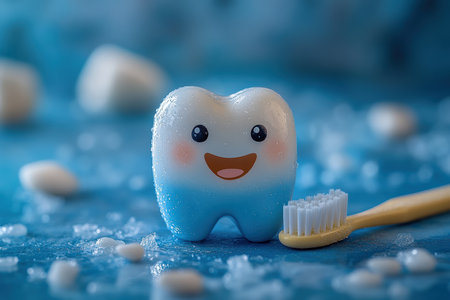 Happy tooth. A dental hygiene mascot made of toothpaste and a toothbrush.
