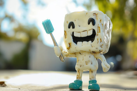 Happy tooth. A dental hygiene mascot made of toothpaste and a toothbrush.