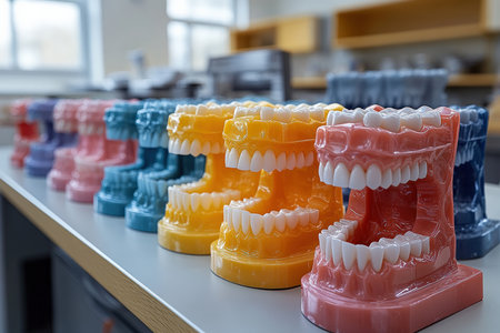 A dental lab with colorful dental molds and models.の写真素材