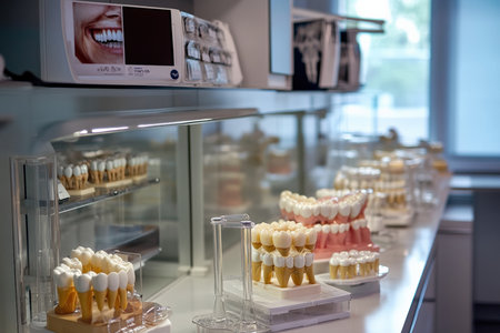 A dental laboratory with various tooth models on display.