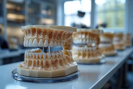 A dental laboratory with various tooth models on display.の写真素材