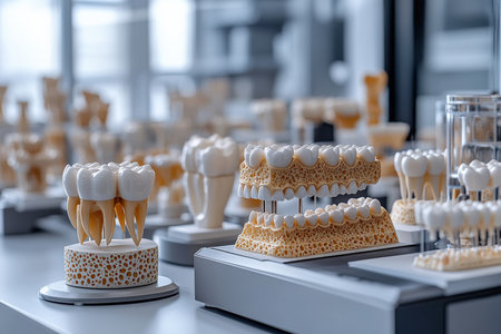 A dental laboratory with various tooth models on display.