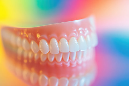 Smiling teeth surrounded by a bright rainbow backdrop.
