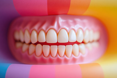 Smiling teeth surrounded by a bright rainbow backdrop.の写真素材