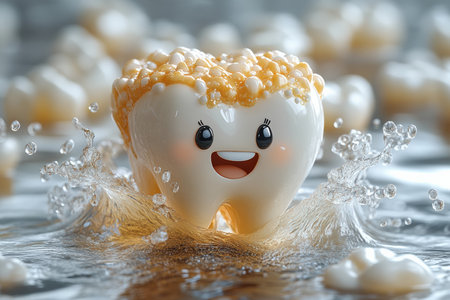 Happy tooth. A dental hygiene mascot made of toothpaste and a toothbrush.の写真素材