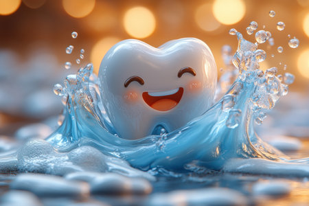 Happy tooth. A dental hygiene mascot made of toothpaste and a toothbrush.の写真素材