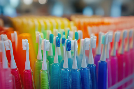 A display of vibrant colorful toothbrushes in a dental office.の写真素材
