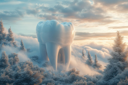 A sparkling white tooth under a spotlight. Free copy space.の写真素材