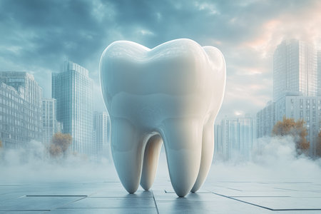 A sparkling white tooth under a spotlight. Free copy space.の写真素材