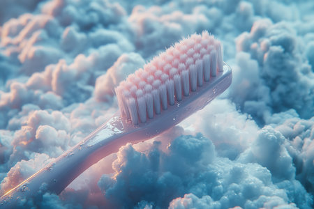 Toothbrush in sky background. Nylon bristles and plastic handles.の写真素材