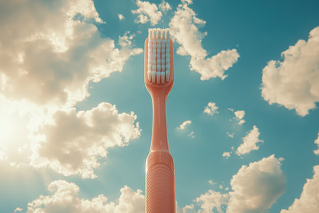 Toothbrush in sky background. Nylon bristles and plastic handles.の写真素材