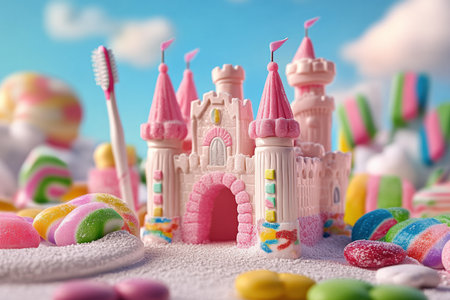 A whimsical toothbrush castle surrounded by candy.の写真素材