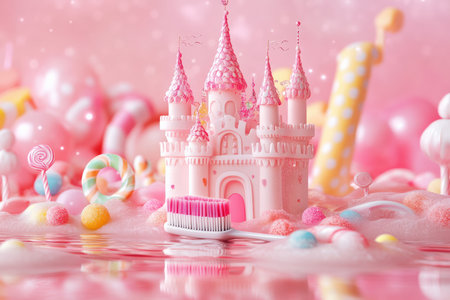 A whimsical toothbrush castle surrounded by candy.の写真素材