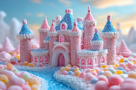 A whimsical toothbrush castle surrounded by candy.の写真素材
