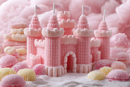 A whimsical toothbrush castle surrounded by candy.の写真素材