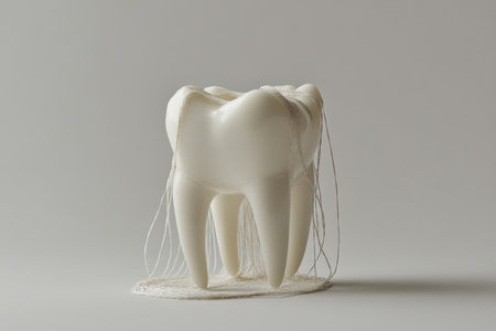 An oversized molar sitting on a throne of dental floss.の写真素材