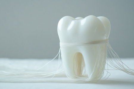 An oversized molar sitting on a throne of dental floss.の写真素材