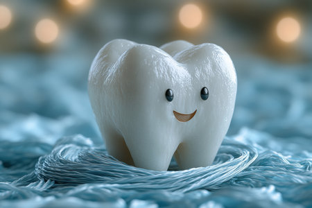 An oversized molar sitting on a throne of dental floss.