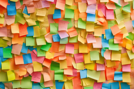 A brainstorming session with colorful sticky notes on a wall.の写真素材