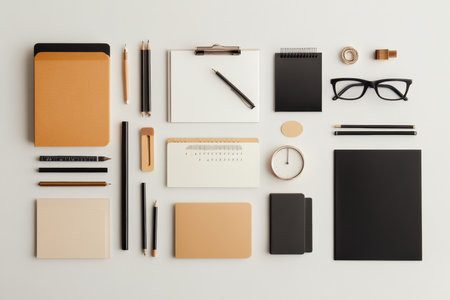 A clean flat lay of graphic design tools and elements.の写真素材