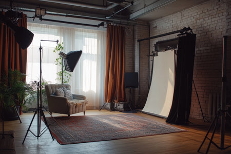 A cozy studio with a photoshoot setup for product marketing. Studio light.