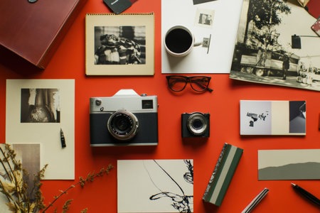 A creative mood board with photo camera with marketing inspiration.