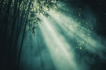 A dense bamboo forest with light beams filtering through.の写真素材