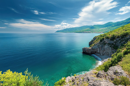 A dramatic cliffside view overlooking a vast ocean.の写真素材
