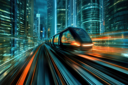 A futuristic monorail speeding through a modern cityscape.