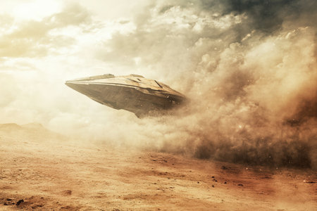 A futuristic spaceship flying over a barren alien planet.