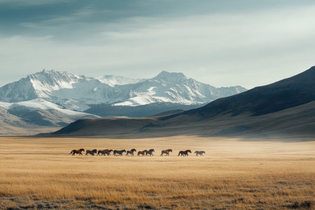 A herd of wild horses running through an open plain.の写真素材