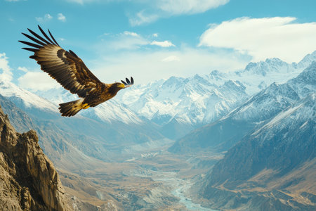 A majestic eagle soaring over a mountain valley.