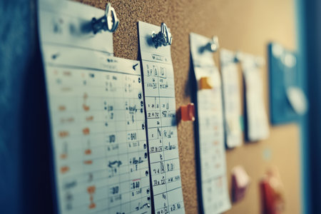 A marketing campaign calendar pinned to a corkboard.の写真素材