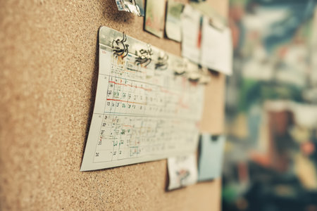 A marketing campaign calendar pinned to a corkboard.の写真素材