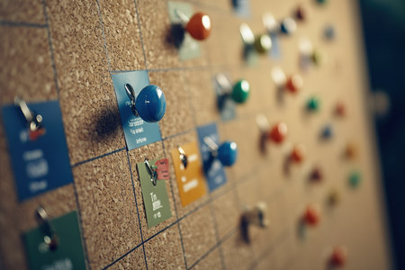 A marketing campaign calendar pinned to a corkboard.の写真素材