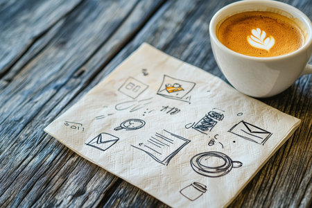 A marketing concept sketch on a napkin with a coffee cup beside it.の写真素材