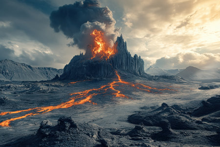 A volcano erupting with lava flowing down its sides.