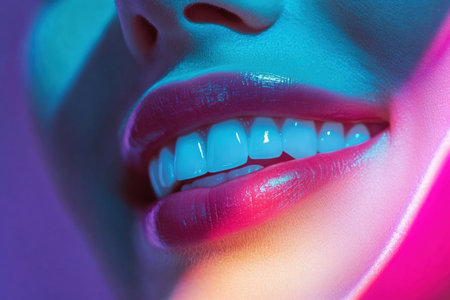 A bright smile with sparkling white teeth after a professional whitening session. Neon Light.の写真素材