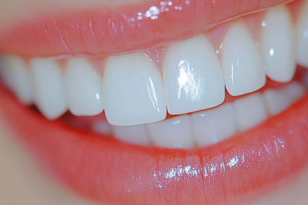 A bright smile with sparkling white teeth after a professional whitening session. Close up.の写真素材